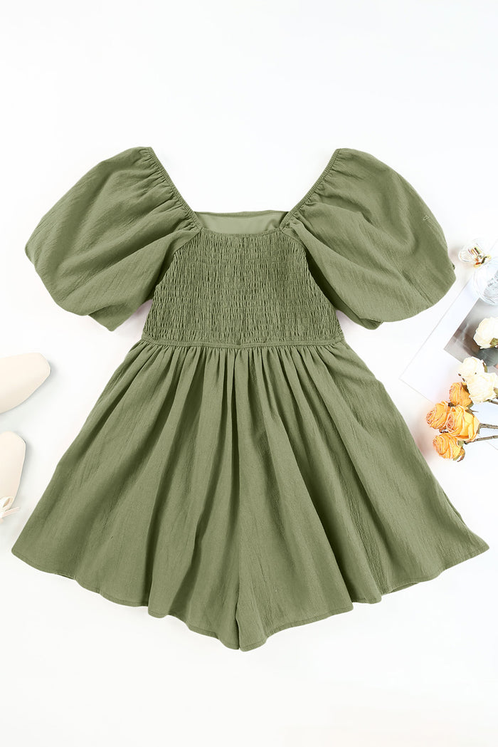 Jungle Green Square Neck Ruched Puff Sleeve Romper 🇺🇸