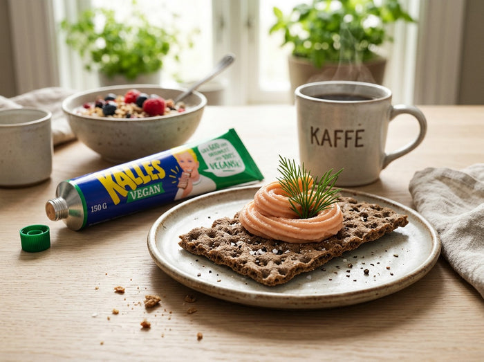 Kalles Vegan 150g tube next to a rye crispbread topped with a swirl of vegan seaweed spread and fresh dill, served on a ceramic plate with a mug of coffee and a bowl of granola with berries on a wooden breakfast table