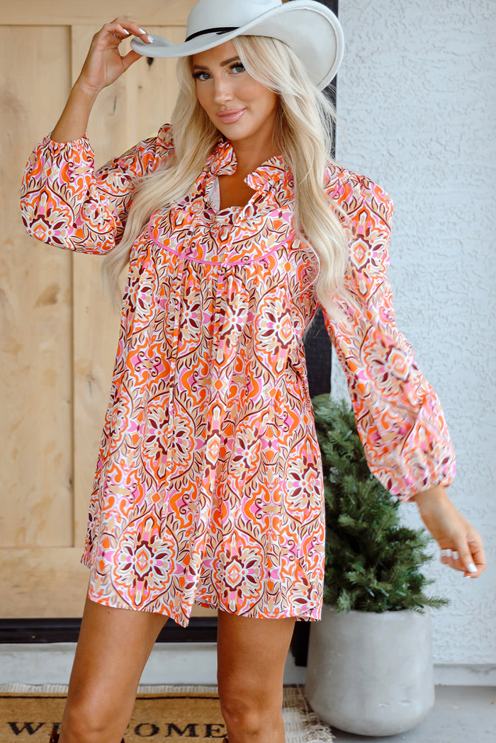 Khaki Abstract Printed Long Sleeve Tied Neckline Mini Dress 🇺🇸