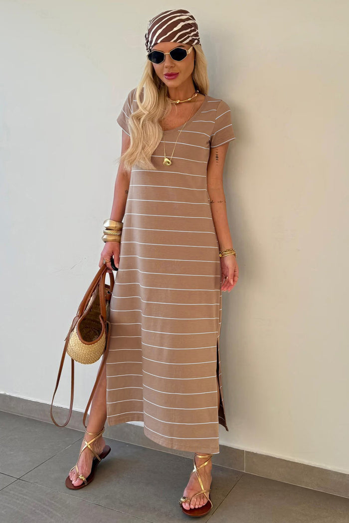Khaki Stripe Casual Short Sleeve Side Slit Maxi T Shirt Dress 🇺🇸