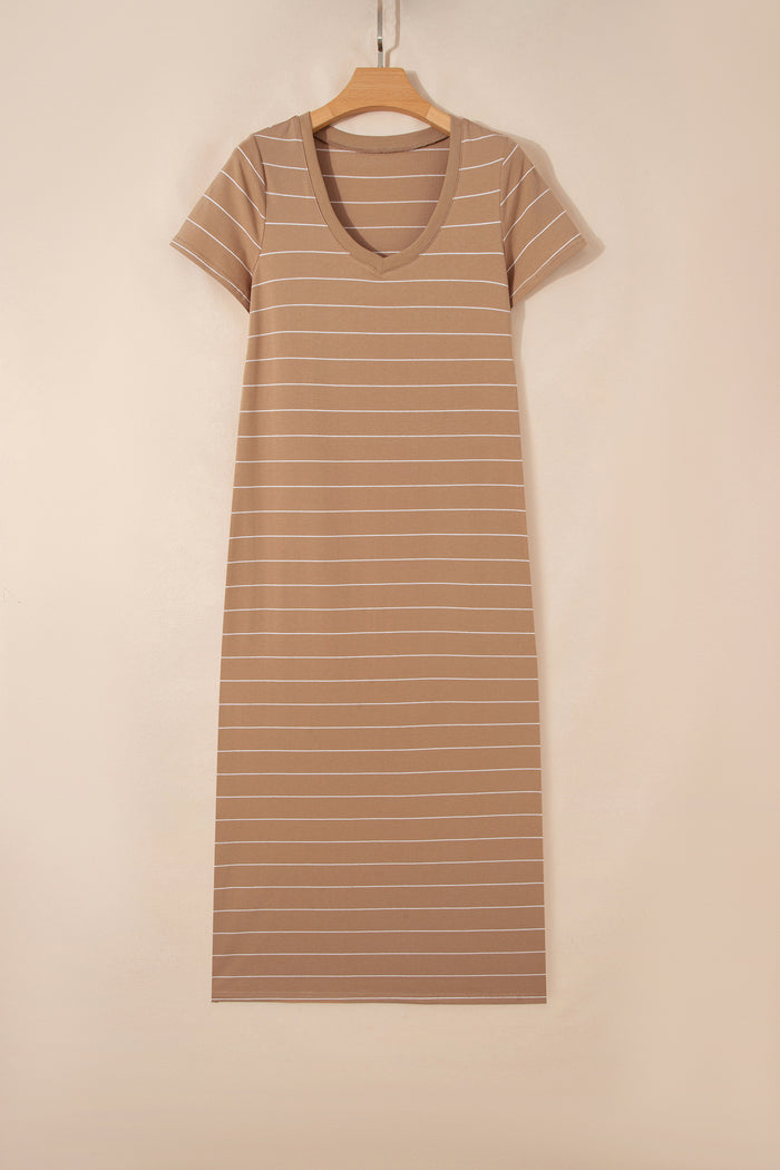 Khaki Stripe Casual Short Sleeve Side Slit Maxi T Shirt Dress 🇺🇸