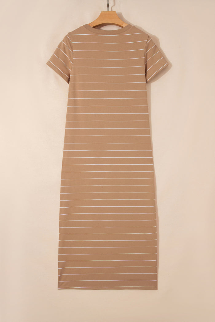 Khaki Stripe Casual Short Sleeve Side Slit Maxi T Shirt Dress 🇺🇸
