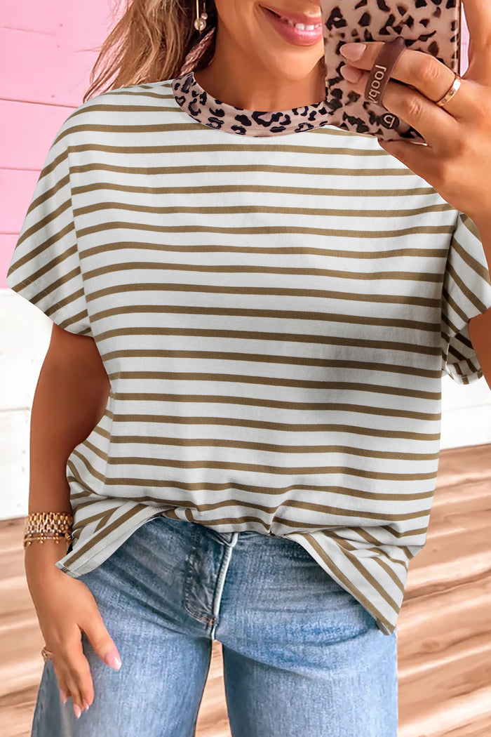 Khaki Stripe Leopard Patchwork Round Neck Loose T Shirt 🇺🇸
