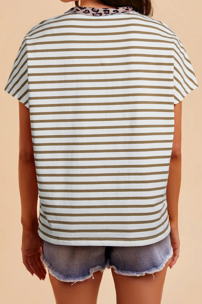 Khaki Stripe Leopard Patchwork Round Neck Loose T Shirt 🇺🇸