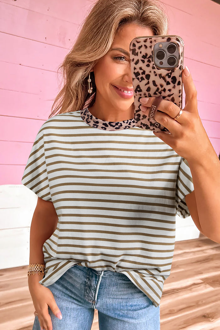 Khaki Stripe Leopard Patchwork Round Neck Loose T Shirt 🇺🇸