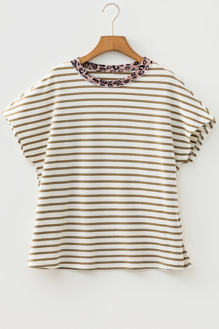 Khaki Stripe Leopard Patchwork Round Neck Loose T Shirt 🇺🇸