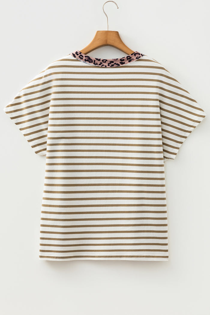 Khaki Stripe Leopard Patchwork Round Neck Loose T Shirt 🇺🇸