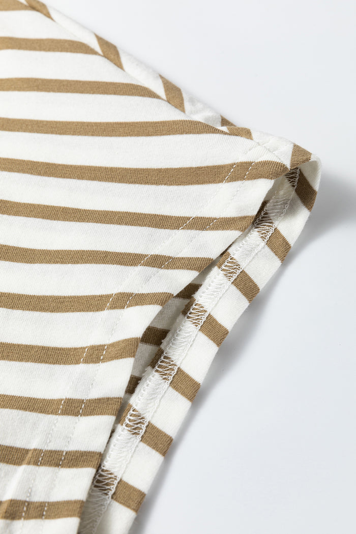 Khaki Stripe Leopard Patchwork Round Neck Loose T Shirt 🇺🇸