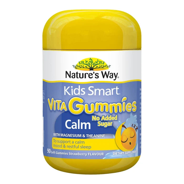 Front of Nature's Way Kids Smart Vita Gummies Calm with Magnesium & Theanine to support a calm mood & restful sleep. Strawberry flavour.