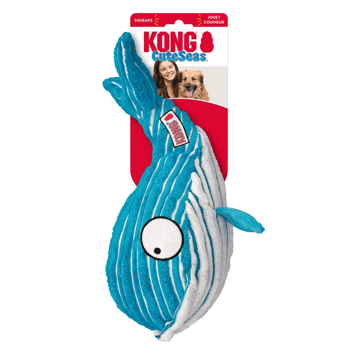 Blue and white stripy fabric Whale Dog Toy with white stripy underside attached to a cardboard backing, pictured on a white background.
