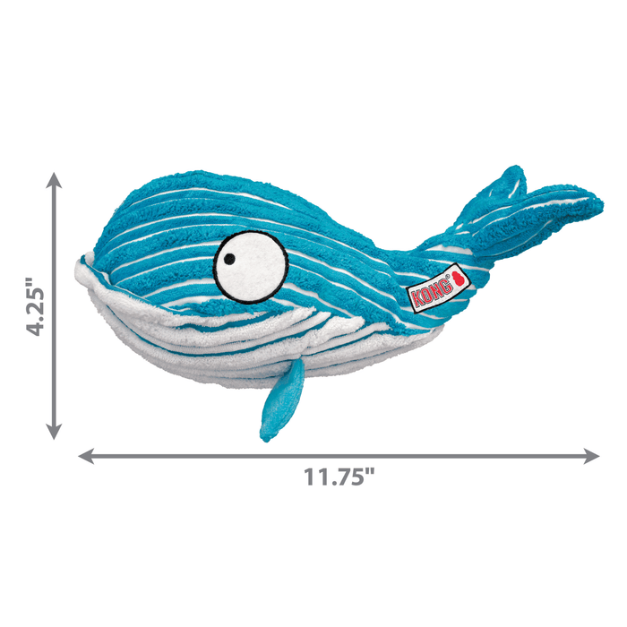 Blue and white stripy fabric Whale Dog Toy with white stripy underside, measurements to the left 4.25" and underneath 11.75" pictured on a white background.