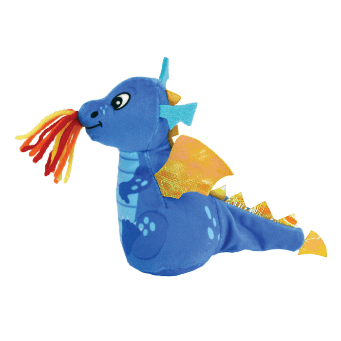 Blue plush dragon cat toy with yellow wings and spines, pale blue spots and belly with frame coloured wool threads from it's mouth sat on a white background.