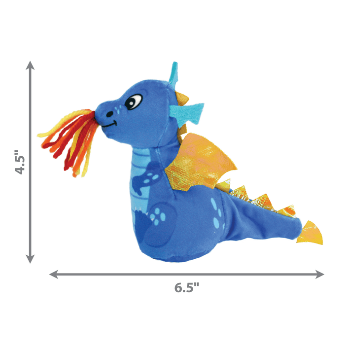Blue plush dragon cat toy with yellow wings and spines, pale blue spots and belly with frame coloured wool threads from it's mouth sat on a white background with measurements to the left 4.5" and underneath 6.5".