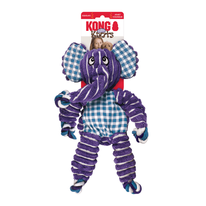 Purple and white stripy fabric Elephant Dog Toy with blue and white checked fabric ears and belly attached to a cardboard backing, pictured on a white background.
