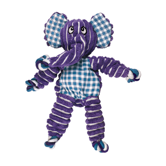 Purple and white stripy fabric Elephant Dog Toy with blue and white checked fabric ears and belly, pictured on a white background.