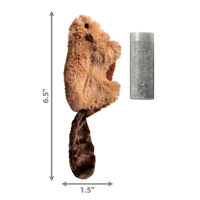Brown faux fur beaver cat toy with black eyes and dark brown nose and and tail. Pictured next to a vial of catnip. Measurements shown on the left side 6.5" and underneath 1.5". Pictured on a white background.