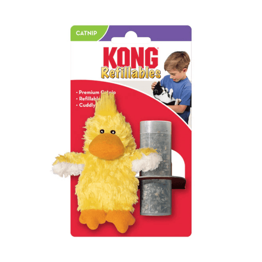 White background with a yellow KONG Refillables duck cat toy with a orange beak and feet, stitched eye details, attached to a cardboard backing.