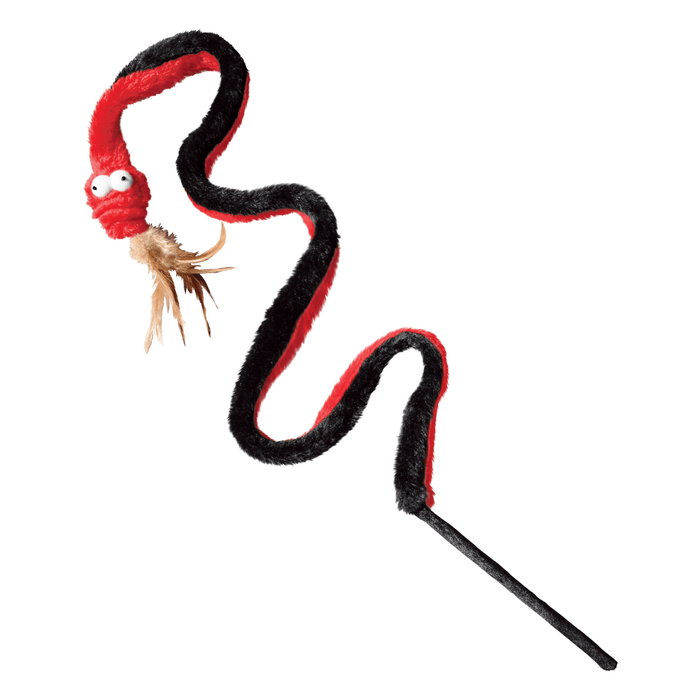 Long red and black faux fur snake cat toy attached to a rod, feathers attached to mouth and cartoon style fabric eyes. Pictured on a white background.