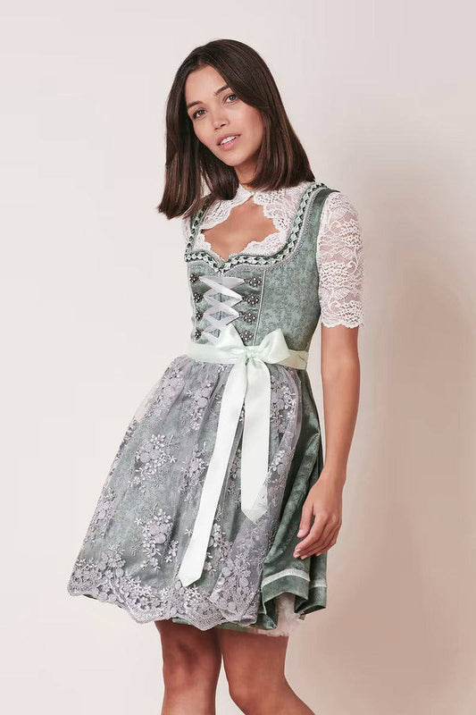 Kruger Mini Dirndl "Alara" 50cm in green with floral lace apron and sweetheart neckline.