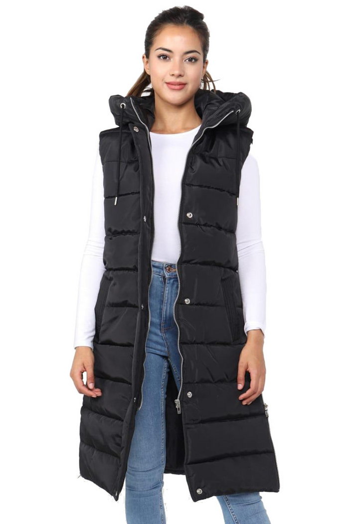 Ladies Girls Long Hooded Puffer Warm Padded Sleeveless Gilet Bodywarmer Zipper 🇬🇧