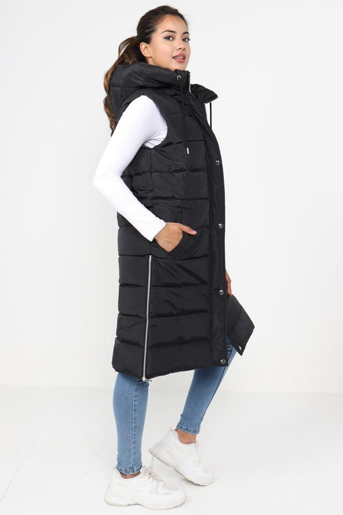 Ladies Girls Long Hooded Puffer Warm Padded Sleeveless Gilet Bodywarmer Zipper 🇬🇧