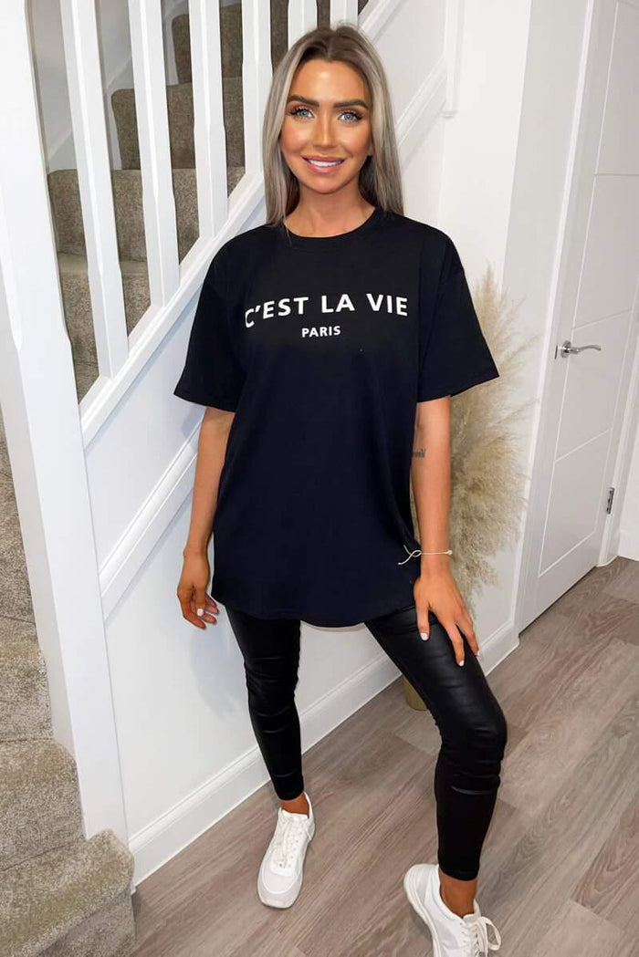 Ladies Oversized C'est La Vie Paris Simple Fashion Classic Retro Short Sleeves T Shirt Top 🇬🇧
