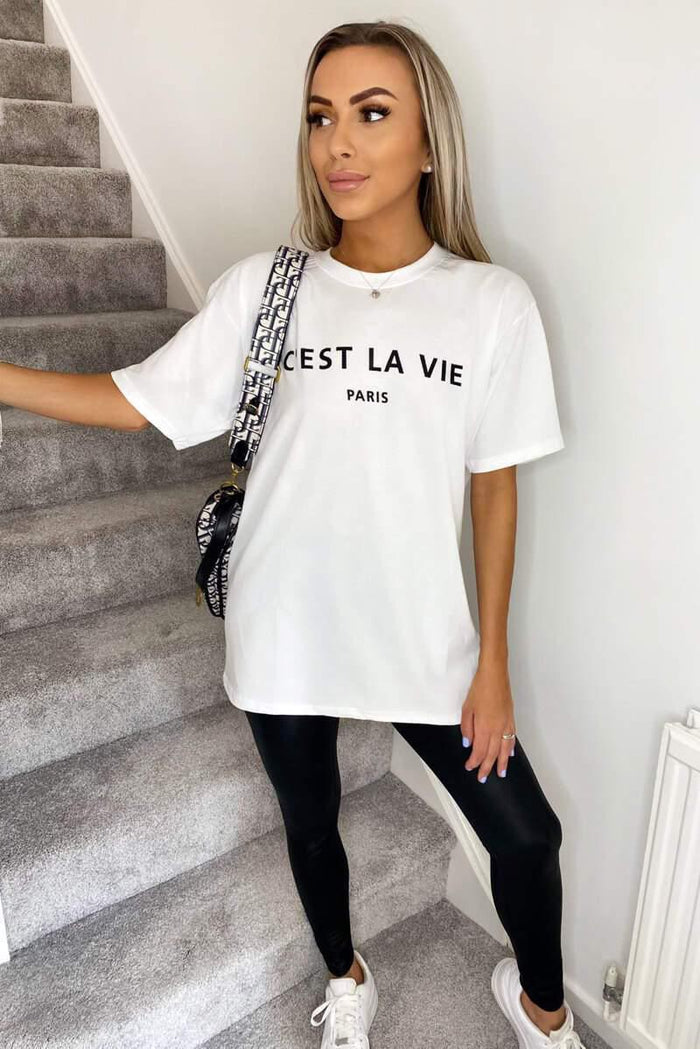 Ladies Oversized C'est La Vie Paris Simple Fashion Classic Retro Short Sleeves T Shirt Top 🇬🇧