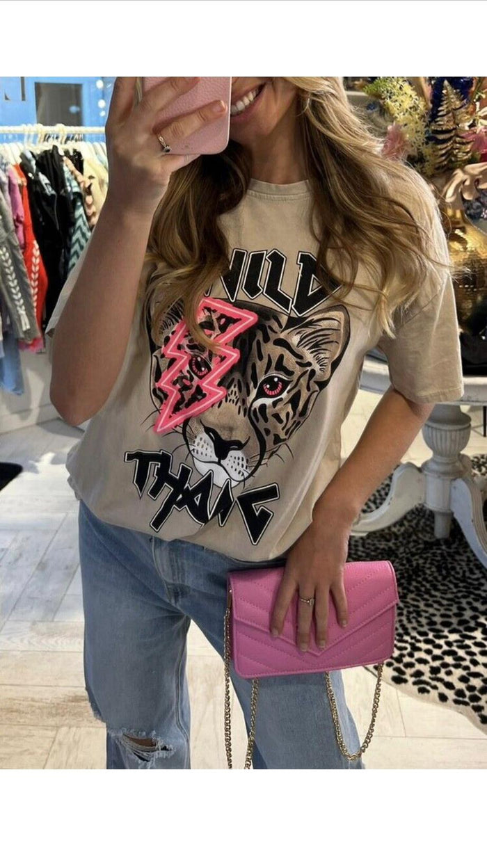 Ladies Oversized Tiger Lightning Wild Thang Short Sleeves T Shirt Top 🇬🇧
