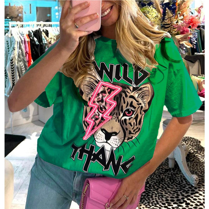 Ladies Oversized Tiger Lightning Wild Thang Short Sleeves T Shirt Top 🇬🇧