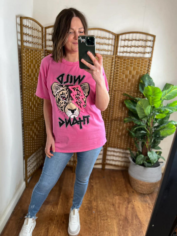 Ladies Oversized Tiger Lightning Wild Thang Short Sleeves T Shirt Top 🇬🇧