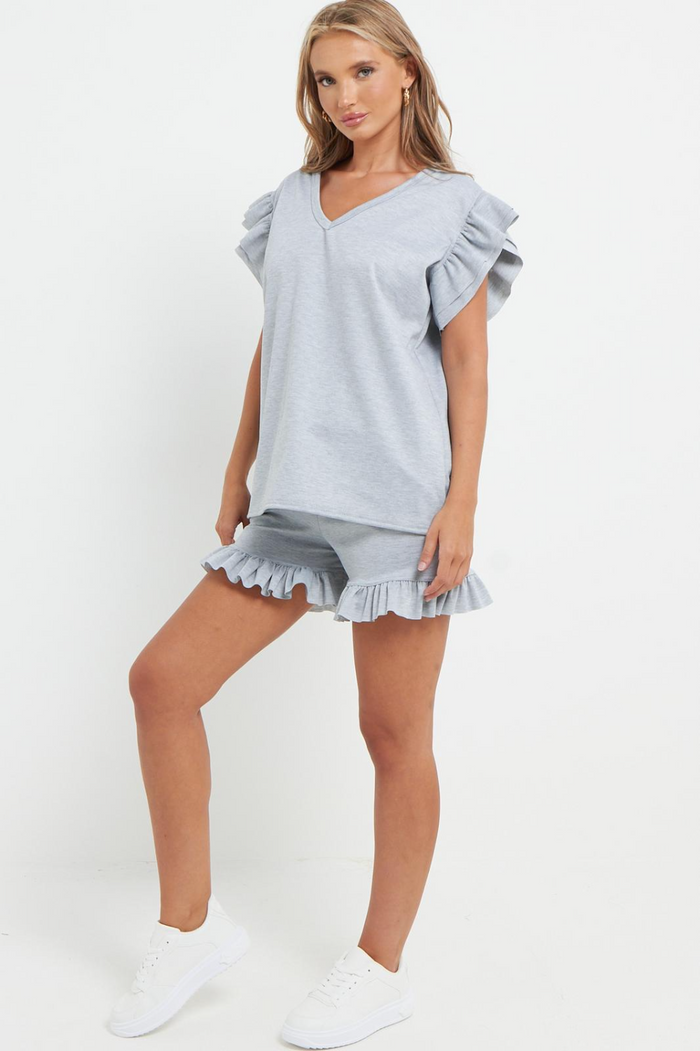 Ladies V Neck Frill Peplum Sleeve Top and Short 2 Piece Tracksuit Set 🇬🇧