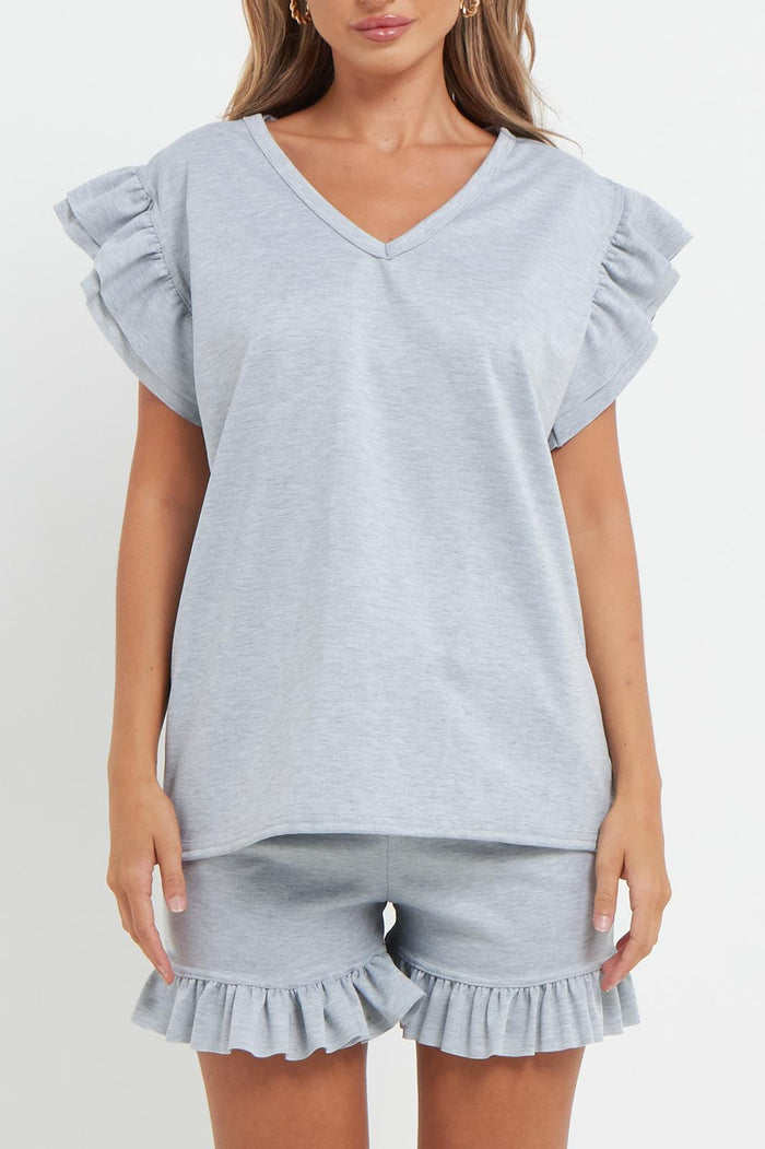 Ladies V Neck Frill Peplum Sleeve Top and Short 2 Piece Tracksuit Set 🇬🇧