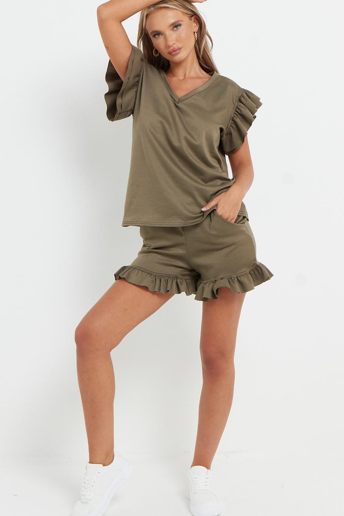 Ladies V Neck Frill Peplum Sleeve Top and Short 2 Piece Tracksuit Set 🇬🇧