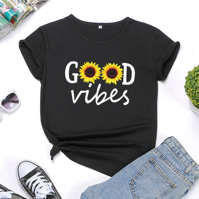 Letter Sunflower Print Ladies Short Sleeve O Neck Loose T Shirt Summer Ladies 🇨🇳