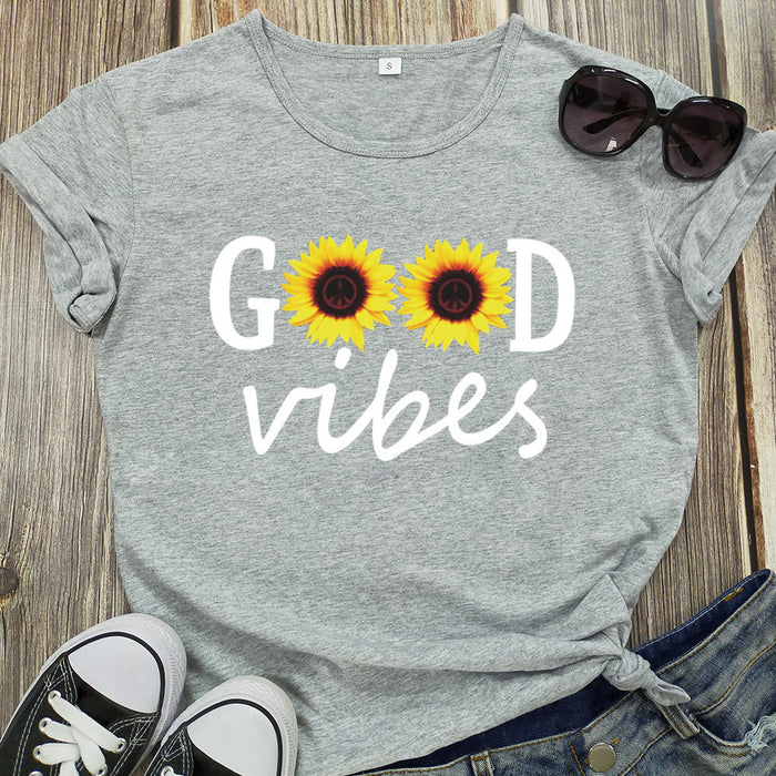Letter Sunflower Print Ladies Short Sleeve O Neck Loose T Shirt Summer Ladies 🇨🇳