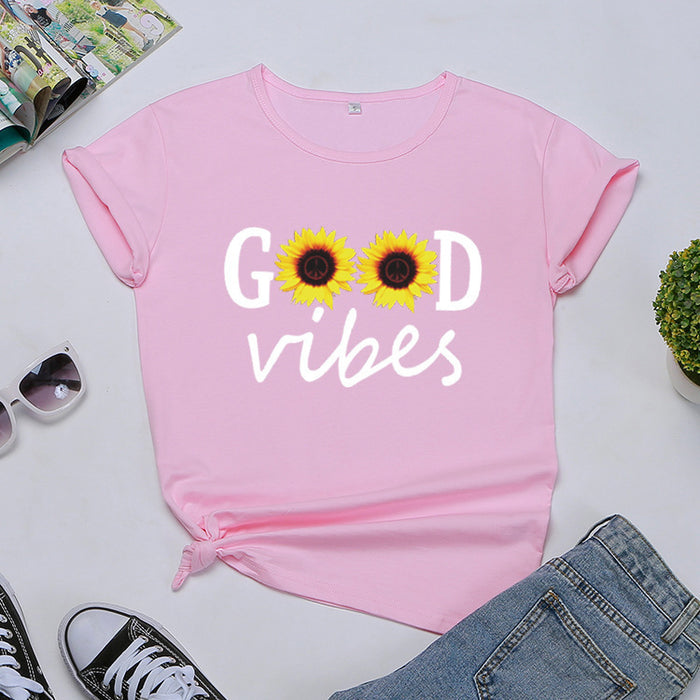 Letter Sunflower Print Ladies Short Sleeve O Neck Loose T Shirt Summer Ladies 🇨🇳