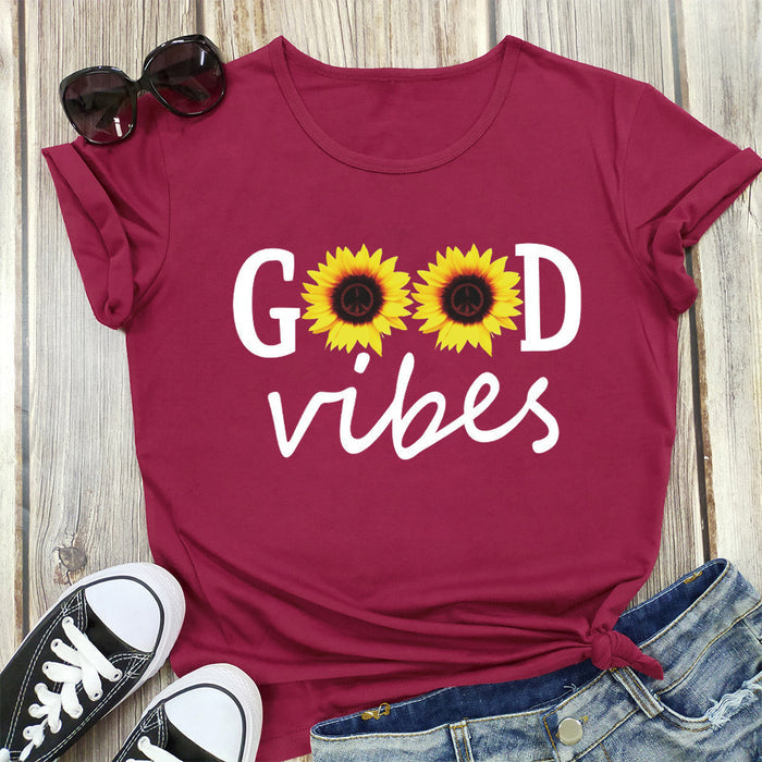 Letter Sunflower Print Ladies Short Sleeve O Neck Loose T Shirt Summer Ladies 🇨🇳