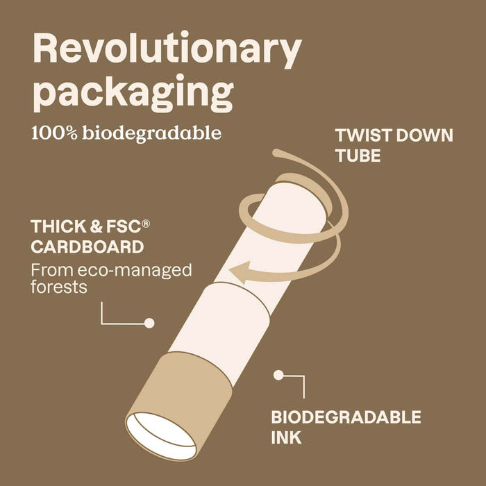 Biodegradable packaging tube with features highlighted on a brown background.