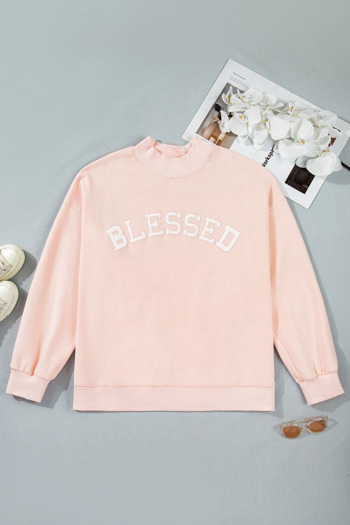 Light Pink BLESSED Embroidered Trim Patch Graphic Plus Size Mock Neck Sweatshirt 🇺🇸