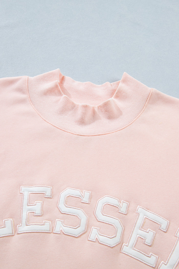 Light Pink BLESSED Embroidered Trim Patch Graphic Plus Size Mock Neck Sweatshirt 🇺🇸