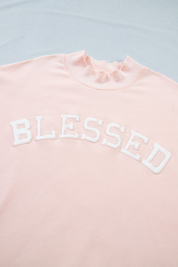Light Pink BLESSED Embroidered Trim Patch Graphic Plus Size Mock Neck Sweatshirt 🇺🇸