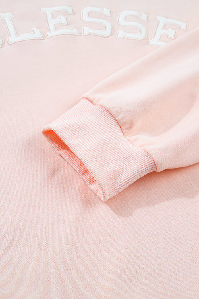 Light Pink BLESSED Embroidered Trim Patch Graphic Plus Size Mock Neck Sweatshirt 🇺🇸