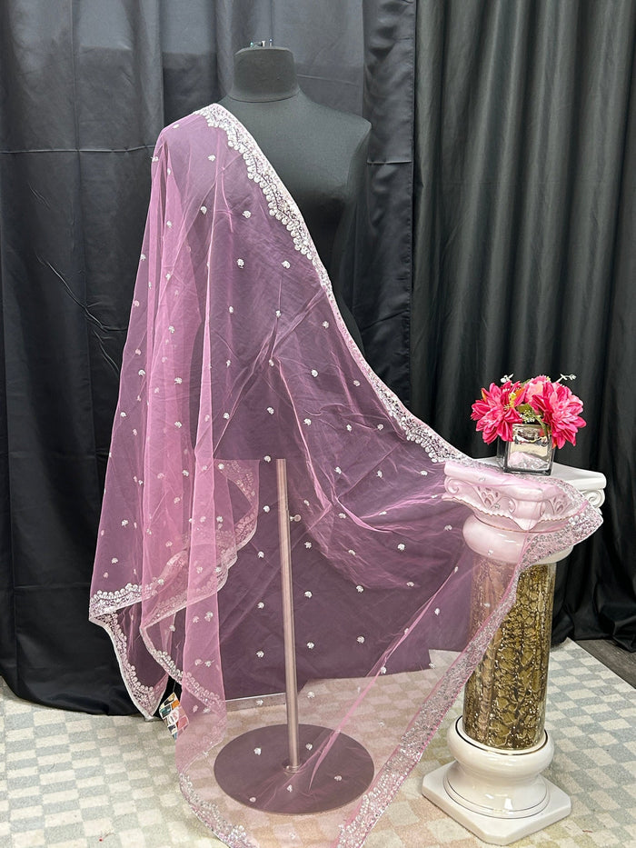 Light pink net dupatta with silver sequin border by Kurti Connection USA