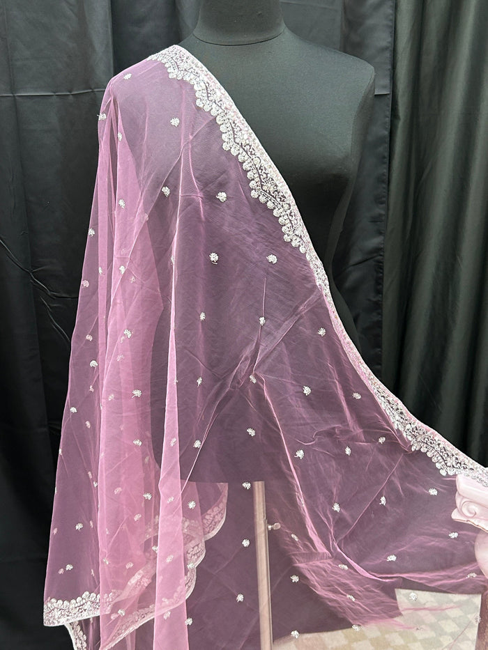 Light pink net dupatta with silver sequin border by Kurti Connection USA
