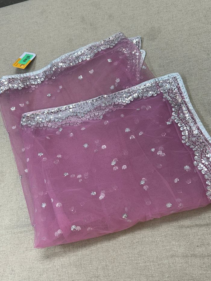 Light pink net dupatta with silver sequin border by Kurti Connection USA