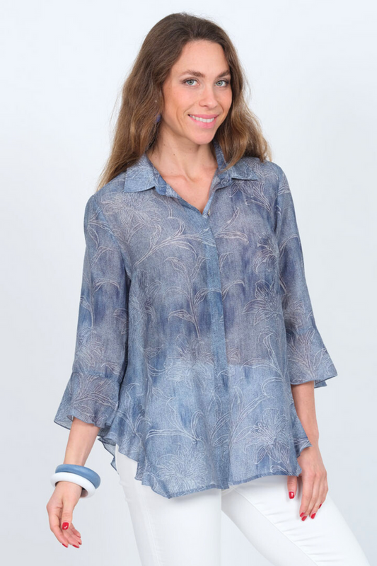 LIOR Women's Blue Leaf Print Blouse With 3/4 Flowy Sleeves & Side Flounce - "Happy"