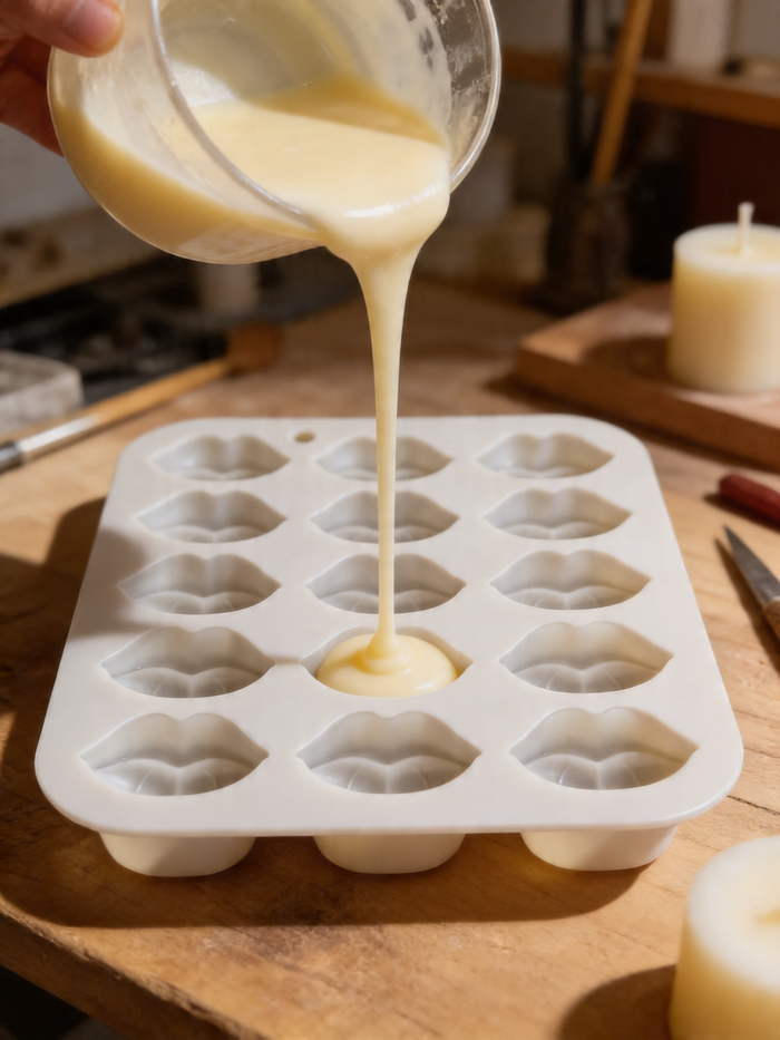 Pouring wax into a lip shaped silicone mold