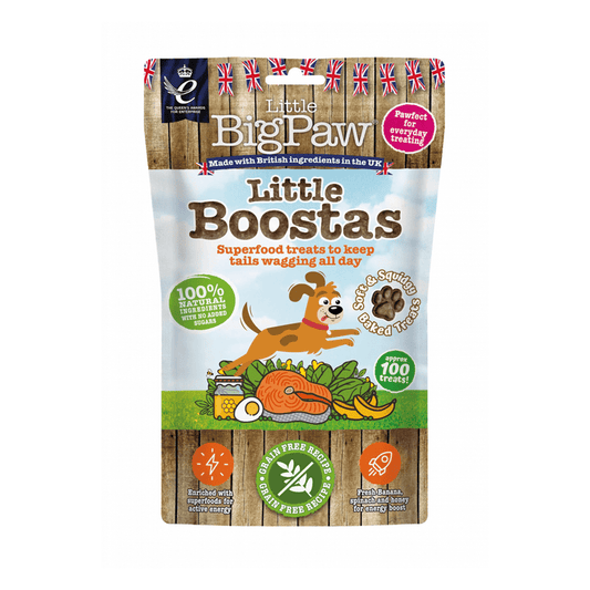 White background with a packet of Little BigPaw 'Little Boostas' dog treats. Pictured on the packet is an illustration of a brown dog jumping with a salmon fillet, an egg, spinach and bananas in the foreground. Text on the bag says 'Superfood treats to keep tails wagging all day, 100% natural ingredients, soft & squidgy baked treats. Approx. 100 treats!'