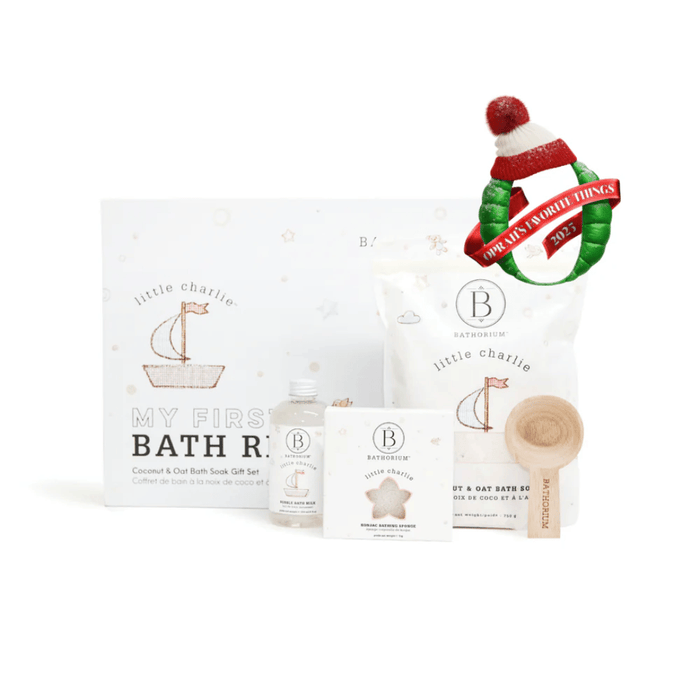 little charlie™ My First Bath Ritual Gift Box Set | Bathorium featuring coconut and oat bath soak, gentle body wash, a wooden bath brush, and soothing skincare products for a calming bath experience