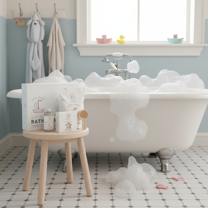 little charlie™ My First Bath Ritual Gift Box Set | Bathorium displayed on a wooden stool next to a bubble-filled clawfoot bathtub in a bright, modern bathroom with bath toys and soft towels in the background.